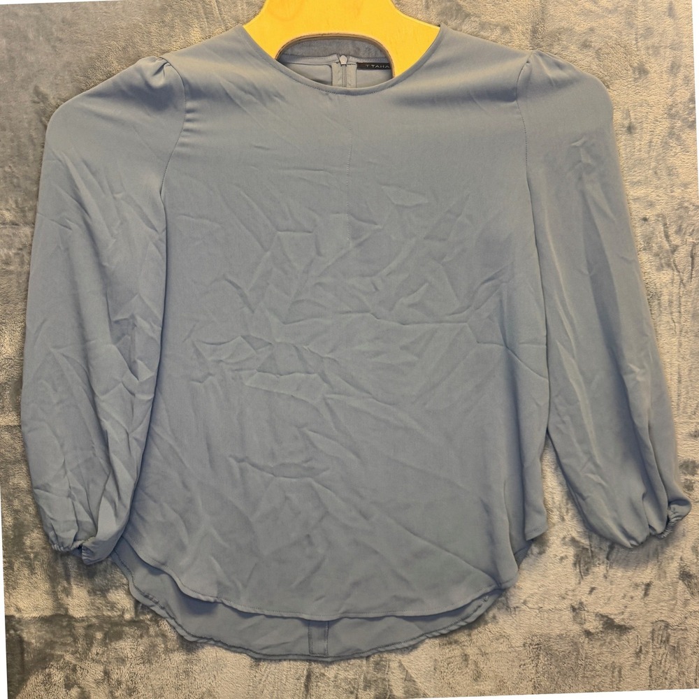2176 | T Tahari Elegant Crepe Puff Sleeve Blouse Slate Blue Womens Medium Office
